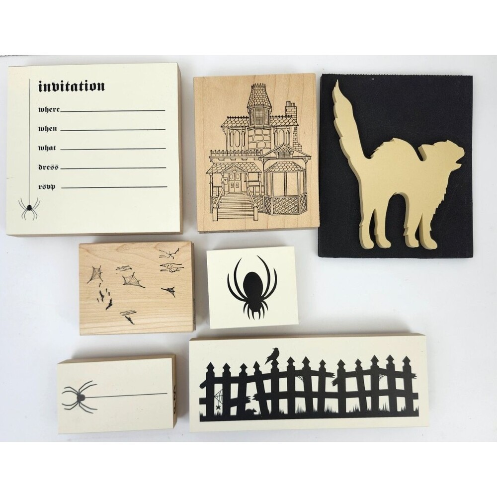 Lot of 7 Halloween Crafting Rubber Stamps Haunted House Bats Black Cat Spider